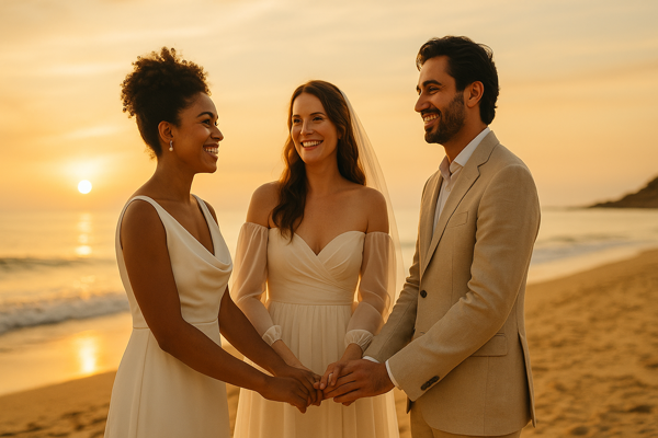 Three happy people celebrating together - inclusive polyamorous wedding planning